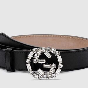 Gucci Leather Black Belt with Crystal Interlocking Logo Buckle